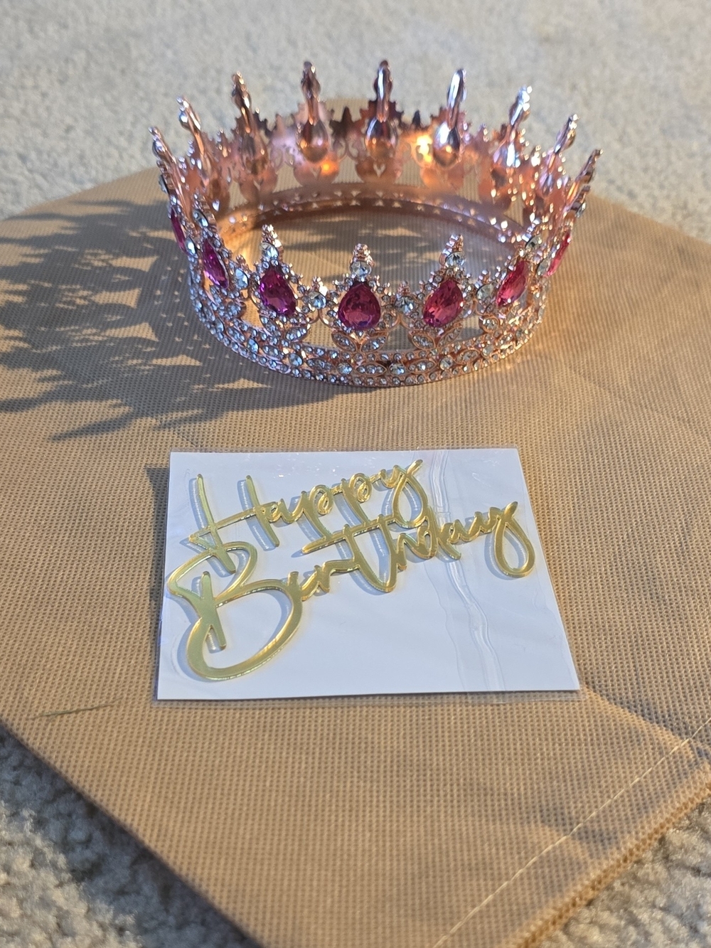 Rose Gold Tiara Crown with Pink Rhinestones - Decorative Cake Topper